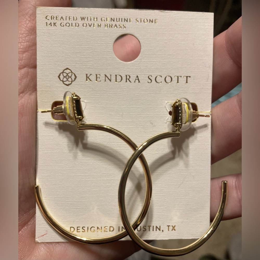 KENDRA SCOTT Genuine Stone Tiger’s Eye Open Hoop 14K Gold Brass Earrings NEW NWT